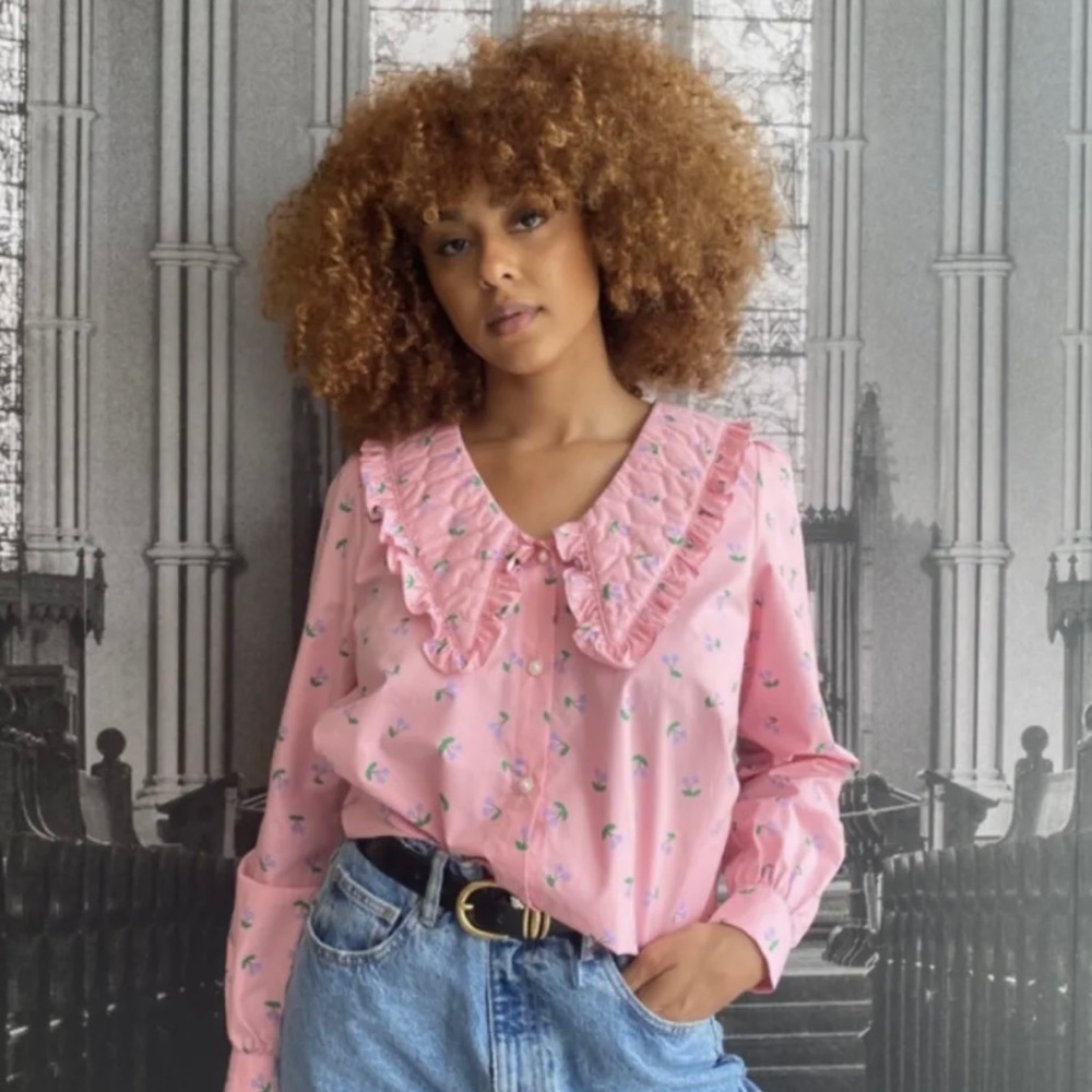 Cras Pink Cherry Ruffled Quilted Puffy Collar Blouse Puff Sleeves Shirt 36- NWT